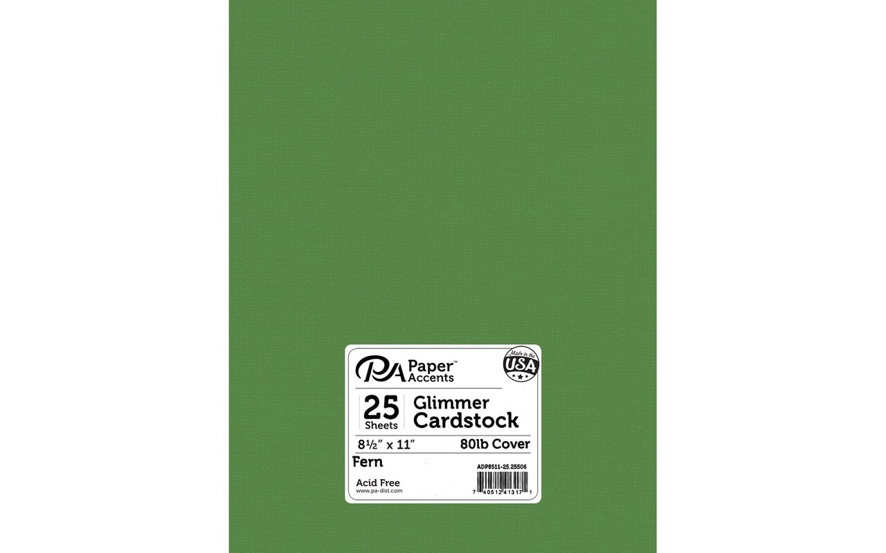 PA Paper Accents Glimmer Cardstock 8.5&#x22; x 11&#x22; Fern, 80lb colored cardstock paper for card making, scrapbooking, printing, quilling and crafts, 25 piece pack